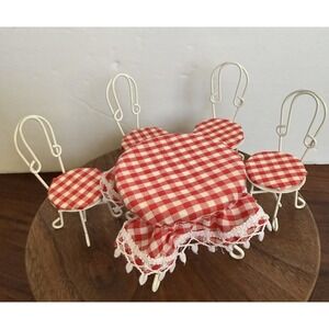 Vintage Dollhouse Metal Table Set Red White Gingham Check 4 Chairs 1:12 NEW!